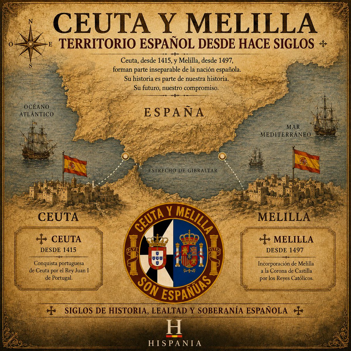 HispaniaReal's tweet photo. 🇪🇸 CEUTA Y MELILLA SON ESPAÑA

Ceuta decidió permanecer unida a la Monarquía Hispánica en el siglo XVII y su soberanía española quedó reconocida en el Tratado de Lisboa de 1668. Melilla forma parte de la Corona desde finales del siglo XV.
#Hispania https://t.co/Szzzwr7Tm6