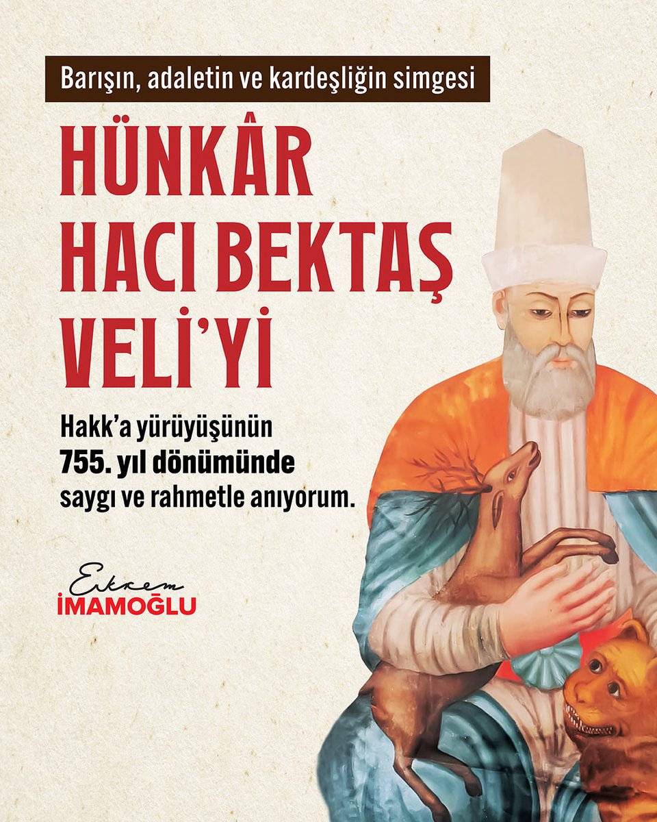 CA_iletisim's tweet photo. Hünkar Hacı Bektaş’ı hissetmek, bir olmanın gücünü, güzelliğini ve erdemini hissetmektir. Korkuyla değil, sevgiyle bir olmanın… Cümle mahlukatla kardeş olmanın güzelliğini yaşamaktır. 

Hacı Bektaş Veli’yi, Hakk’a yürüyüşünün yıl dönümünde saygı ve rahmetle anıyorum. https://t.co/CdwTm4zJpP