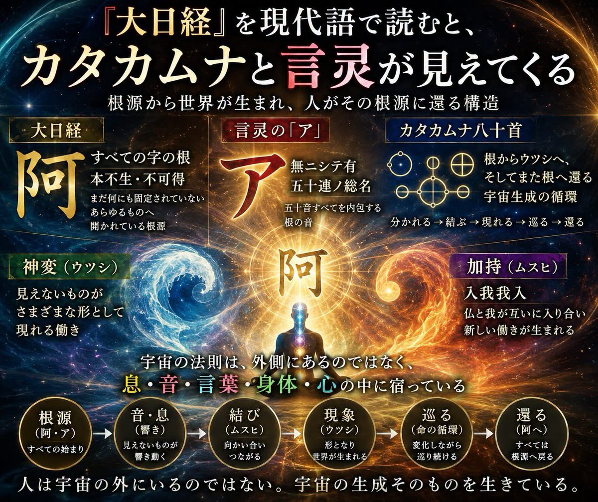 tenmon44's tweet photo. 『大日経』の核心を、現代語で一文にすると——
「世界の根源は、何もない無ではなく、まだ何にも固定されていない可能性そのもの。その根が、音となり、結びとなり、形となって世界を生む」
密教僧としてこれを読み直した時、言灵の「ア」（無ニシテ有）と、カタカムナの生成循環が、同じ構造で響き合っていることに気づいた。
人は宇宙の外にいるのではない。宇宙の生成そのものを、息と音と身体で生きている。
構造の照応は、原典で確かめられる。