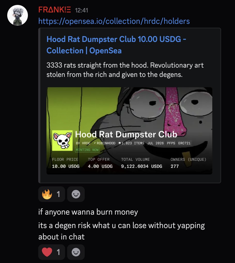 Frankie_NFT_'s tweet photo. Public mint @hrdumpsterclub  and was 33/w with mp of .003E(0.1E max per wallet) went upto 10x and rn holding around 6-7x 

Minted some and shared with fam in @0xlunatics  and some other peeps also it cooked rn took initial out and rest holding dev still sleeping coz he dk collection is oos coz it was running for a while, now waiting for reveal and this goes high