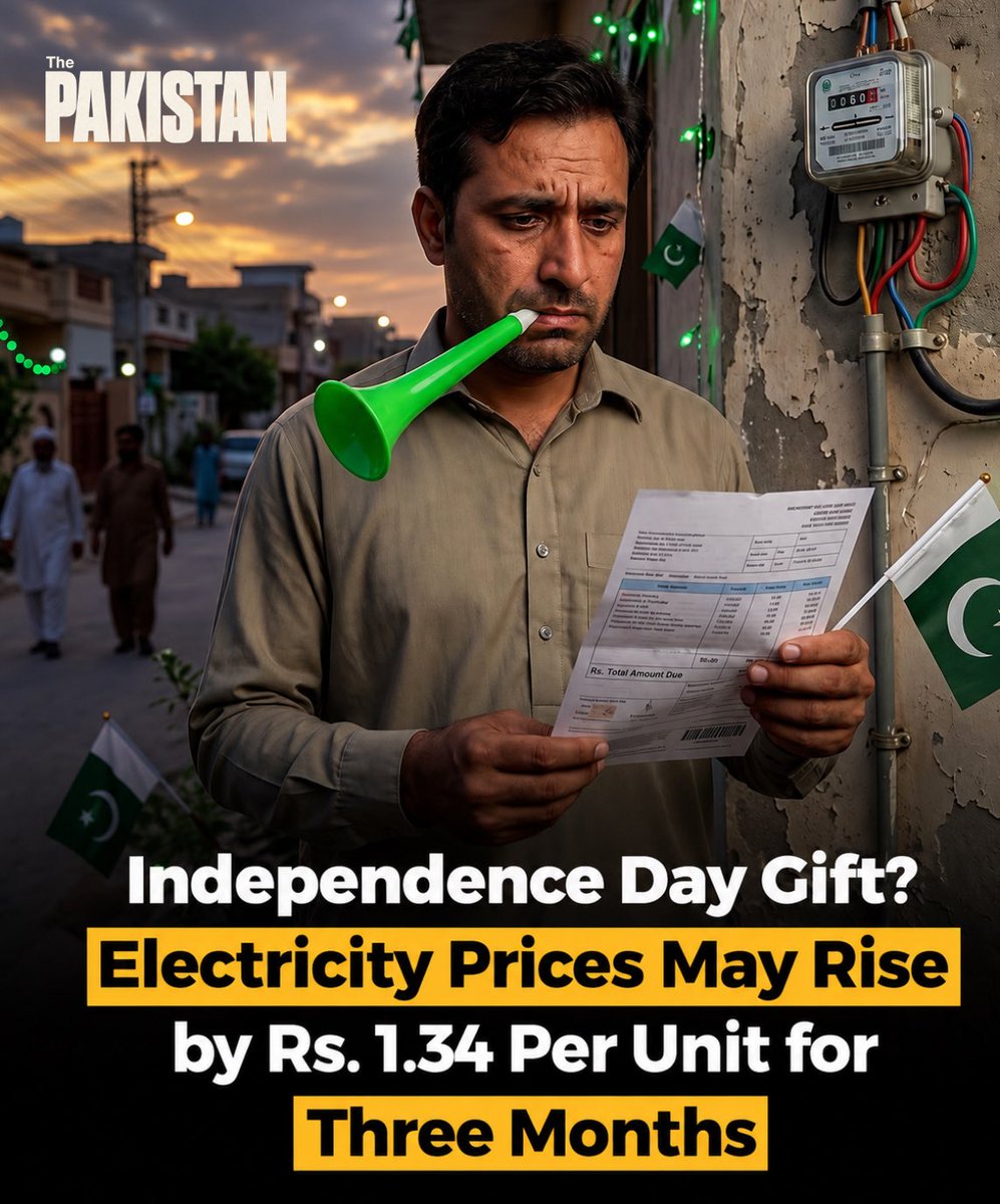 thepakistantp's tweet photo. 🇵🇰 Independence Day Gift? Not Quite.

Electricity prices may rise by Rs. 1.34 per unit for three months, adding further pressure on household budgets and consumers already struggling with high electricity bills.

As Pakistan celebrates its independence, the rising cost of essential utilities remains a major concern for ordinary citizens. ⚡

What do you think about this proposed increase? Share your thoughts in the comments.

#Pakistan #IndependenceDay #ElectricityPrices #ElectricityBills #PakistanNews #EnergyCrisis #PowerCrisis #RisingPrices #August14 #NewsUpdate