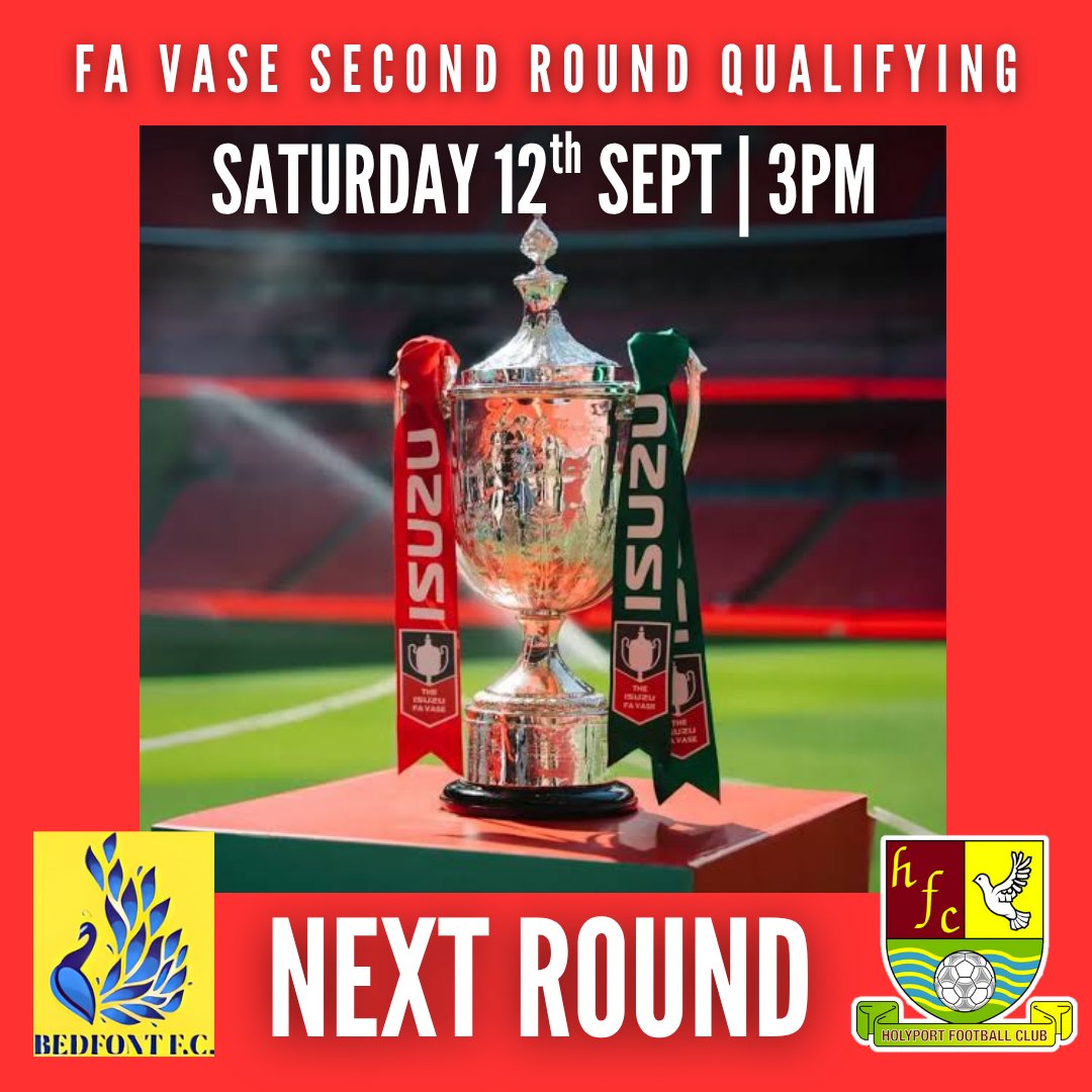 HolyportFC's tweet photo. Following our dominant win yesterday, we face @BedfontFC once again, in the second Round qualifying, who beat Buckingham 3-1.
9 more steps on the road to Wembley! 😜
📆 Sat 12th Sept
🕖 3pm
🏆 @thefavase
#holyportfc #uptheport 🔴🟢
@fiberkshire @playnonleague @comcofl https://t.co/DDADWDtt9v