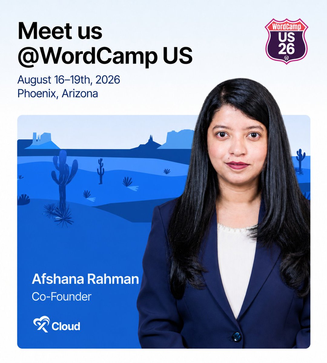 WPDevTeam's tweet photo. Weโre joining WordCamp US 2026 in Phoenix! ๐บ๐ธ Aug 16โ19, the WordPress community comes together to share ideas & shape whatโs next.
Our CMO, Afshana Rahman, will be there. At #WCUS? Letโs talk plugins, hosting, AI or grab a โ๏ธ!
๐ https://t.co/zBsjxn3ULe
#WPDeveloper #xCloud https://t.co/gWLCM3gJVB