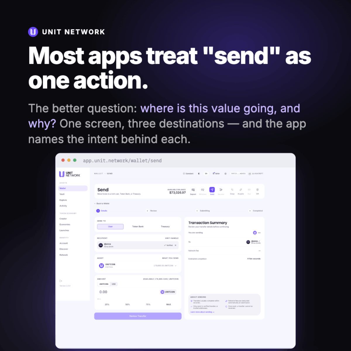 theunitnetwork's tweet photo. Most financial applications focus on movement.

UNIT focuses on intent.

Where is the value going?
Who is receiving it?
What is it funding?

https://t.co/84TbBbOnWP

#Fintech #ProductDesign https://t.co/jVvMyLX5tr