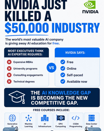 DrJStorm's tweet photo. NVIDIA destroyed the AI knowledge monopoly.

Free curriculum, not a teaser or PDF.

The barrier is no longer access; it's willingness to learn.

Winners build AI knowledge, not just buy tools.

Agree?

#AI #NVIDIA #Learning https://t.co/kwEIkt40Ik