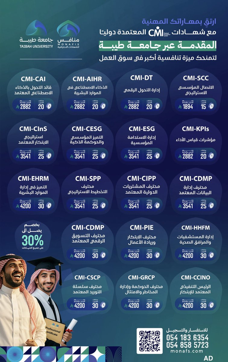 Orahbeeni's tweet photo. إذا وجدت (شهادة احترافية) تقدمها جامعة سعودية فسجل فيها وأنت مغمض ، 
جامعة طيبة تدعمك بأقوي خصم يصل الى 30% على أكثر من 15 شهادة احترافيه الأكثر طلبًا في سوق العمل السعودي.
الشهادات في مجالات مختلفة مثل: 
(القانون والحوكمة - الموارد البشرية - الريادة والابتكار - التقنية ،وغيرها......)
بالإضافة إلى شهادات عديدة في مجالات مختلفة معظمها مستردة الرسوم من صندوق هدف .

الشهادات الاحترافية تساعدك في:
✅زيادة فرص ترقيتك
✅زيادة فرصك الوظيفية
✅إضافة قويه لل CV حقك
لا تضيع فرصة الإلتحاق في خصومات شهر اغسطس
ولا تنسوا الاستشارة المهنية المجانية عند التواصل. 
سجلو الان ..👇🏻
https://t.co/C6gAOMWvCm