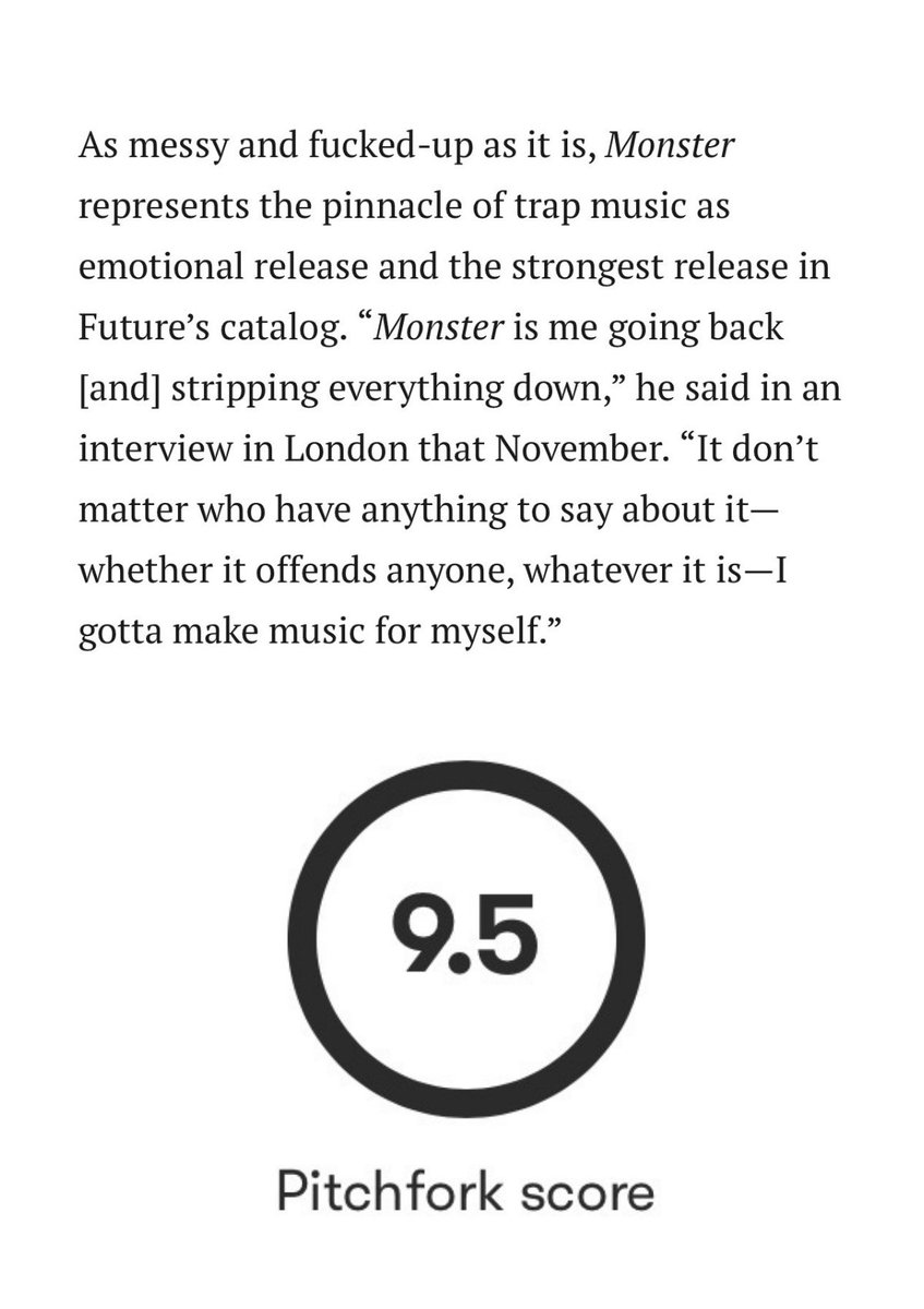 HipHopAllDay's tweet photo. Pitchfork review Future’s classic mixtape ‘Monster’ for the first time ever, giving it a near-perfect score of 9.5 🔥

“Monster represents the pinnacle of trap music as emotional release and the strongest release in Future's catalog.” https://t.co/LRmkzKN2hp