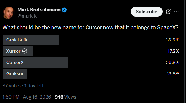 brucelros134's tweet photo. Known Elon supporter Mark Kretschmann just hosted a survey how to call the new Cursor SpaceX merger.

Elon replied to him several times and currently winning is "CursorX".

We have 0 RUNNER for this narratives.

Easily frontrunning an Elon reply here:

https://t.co/YRQnP6LS9k https://t.co/iTljievtAK