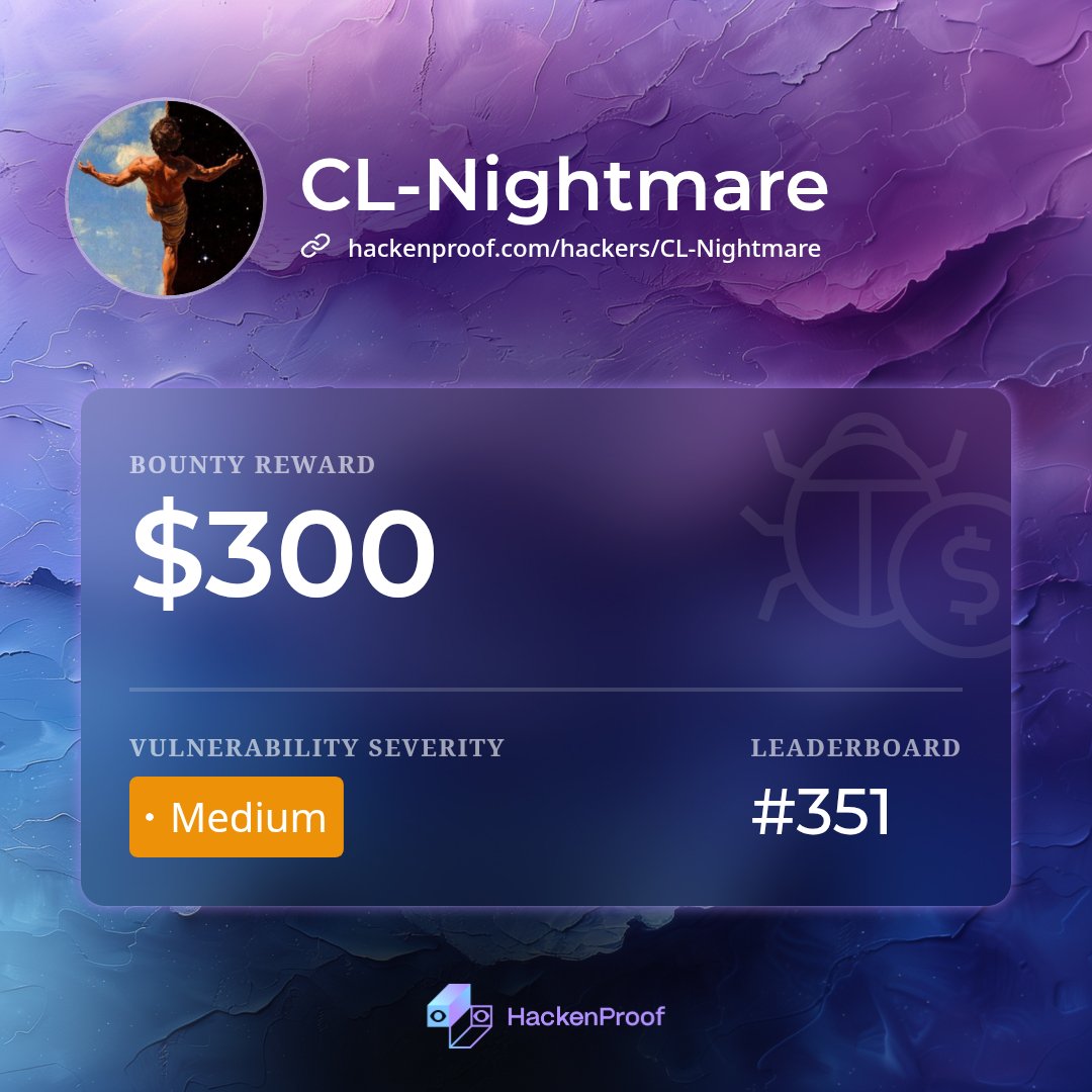 CLNightmaree's tweet photo. Got a medium valid submission on @HackenProof https://t.co/FLG0EtlSAw