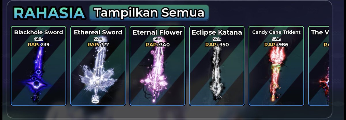 eglentyn's tweet photo. ! WTS SKIN FISH IT !

Blackhole Sword %—25k
Ethereal Sword %—25k
Ethereal Flower %—30k
Eclipse Katana %—25k
Candy Cane Trident  %—100k
The Vanquisher %—35k
Frozen Krampus Scythe %—25k
Princess Parasol %—40k
Crescendo Sychthe + Bait %—25k
Gingerbread Sword %—35k
Ornament Axe %—45k https://t.co/ht9o6JK0GP