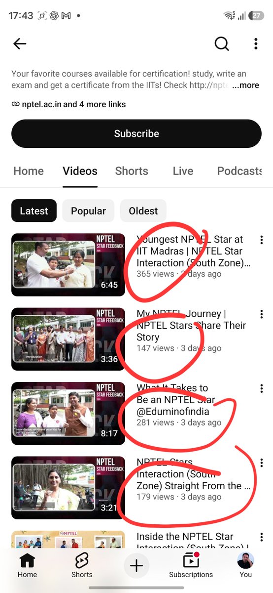 amitkilhor's tweet photo. NPTEL needs more marketing and make those lectures live on YouTube. 

Live streaming allows the students to stumble upon. 
And keeps engagement high.

Even though content doesn't change but recorded lectures seems older psychologically. 

Lecture on NPTEL youtube are 15 years  old. 
Today the NPTEL YT is dead. A channel with 2.2mn gets 220 views at best.