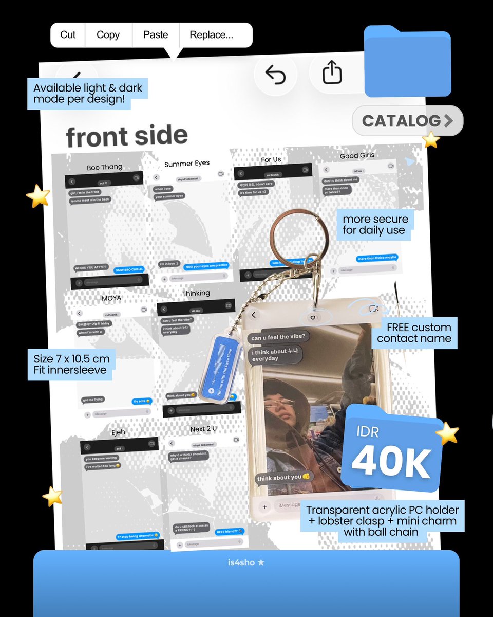 isforsho's tweet photo. [ rt ↺ / like ♡ are very appreciated ]

pre-order fanmade PC Holder / cahol "iMessage Series" 💬
LNGSHOT lyrics inspired ♬⋆.˚

🗓️ 16–25 August 2026
💰 IDR 35k–40k (exc pack &amp; adm)
🔗 link PO : https://t.co/ySkrOOT1fX
📂 details on pics https://t.co/r7LBHy05e0