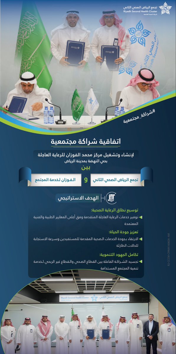 Cluster2_Riyadh's tweet photo. شراكة تصنع الأثر.. ورعاية أقرب للمجتمع

اتفاقية شراكة مجتمعية بين #تجمع_الرياض_الصحي_الثاني والفوزان لخدمة المجتمع،لإنشاء وتشغيل مركز محمد الفوزان للرعاية العاجلة https://t.co/zG9kIzcXhG