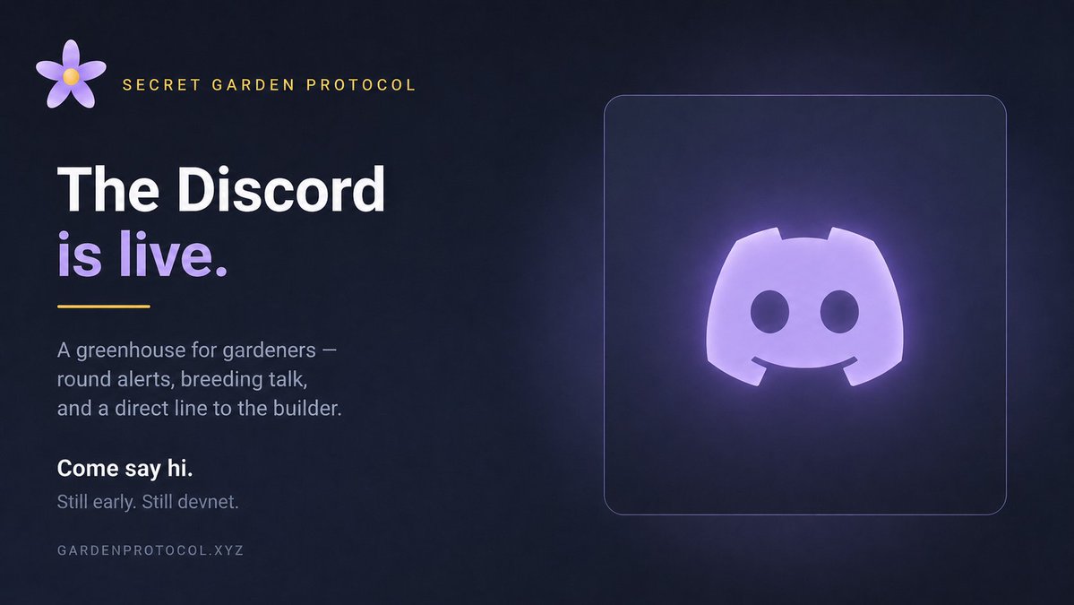 garden_protocol's tweet photo. The Secret Garden Discord is now live 🪻

A place for gardeners to follow daily challenges, talk breeding strategies, share blooms, report bugs, and stay closer to the build.

Still early. Still on devnet. Still growing.

Come say hi. 🌱

https://t.co/CsaTwaBB9f https://t.co/oTvIVA5nF6