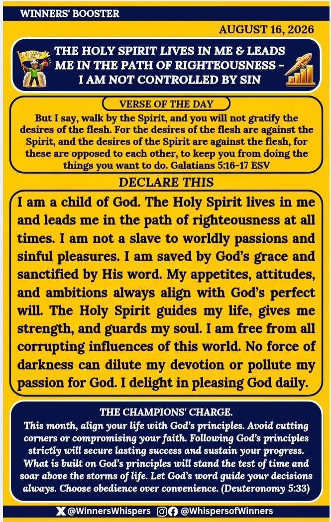 click2sam's tweet photo. I declare that:

I am a child of God. The Holy Spirit lives in me and leads me in the path of righteousness at all times. I am not a slave to worldly passions and sinful pleasures. I am saved by God’s grace and sanctified by His word. My appetites, attitudes, and ambitions always https://t.co/HJqEEXRB8o
