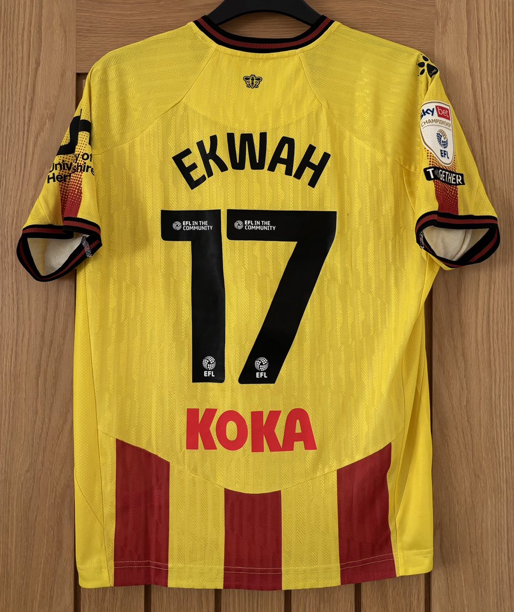 GlenDimmock's tweet photo. Pierre Ekwah shirt, Worn/issued in the annual Watford trust awareness fixture at vicarage road, a goalless draw against Leicester city, Pierre played 87 minutes before being replaced,
(D0-0 21/3/26) #watfordfc #footballshirt #footballshirtcollection
#matchworn #matchwornshirt https://t.co/EqsF7g6xBM