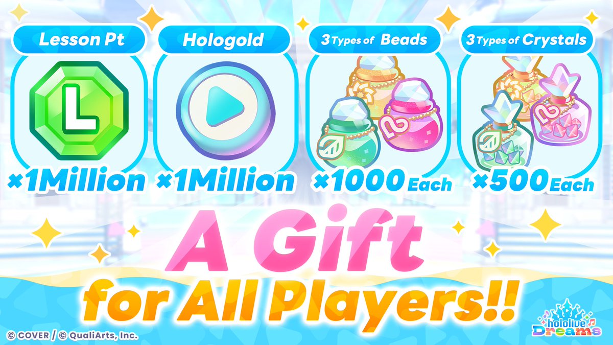 holo_dreams_en's tweet photo. /／
🎁 Training Materials and other useful items for all players!
They'll be distributed to your in-game Gift
tomorrow, Monday, August 17 at 11:00 AM (JST)🙌
\＼

Based on the feedback we've received from everyone,
we're distributing items useful for training!

・Lesson Pt ×1,000,000
・Hologold ×1,000,000
・Each type of Bead ×1,000
・Each type of Crystal ×500

Plus, we're also gifting Music Disc ×10💿
Exchange them for your favorite songs and enjoy playing Live stages🎶

#holodori