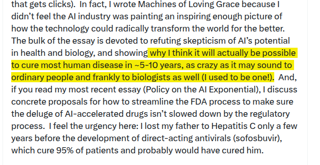 rohanpaul_ai's tweet photo. Dario Amodei broke his silence!

- Predics that AI could help cure most human disease within roughly 5–10 years.
- says AI is structurally prone to concentrating power, even without regulation.
- He wants regulation designed to slow frontier AI labs while giving smaller challengers more room to catch up.
- Argues open-weight AI does not solve concentration, because even with open-source serious capability still depends on scarce compute and chips.
- He supports pre-deployment testing of frontier models, with open-weight models tested too once they approach frontier capability

- Says AI companies will not win public trust through better marketing. They need to deliver undeniable real-world breakthroughs first.

---

So now he just tied public trust to visible medical outcomes of AI, looks like Anthropic’s biology push is for real.