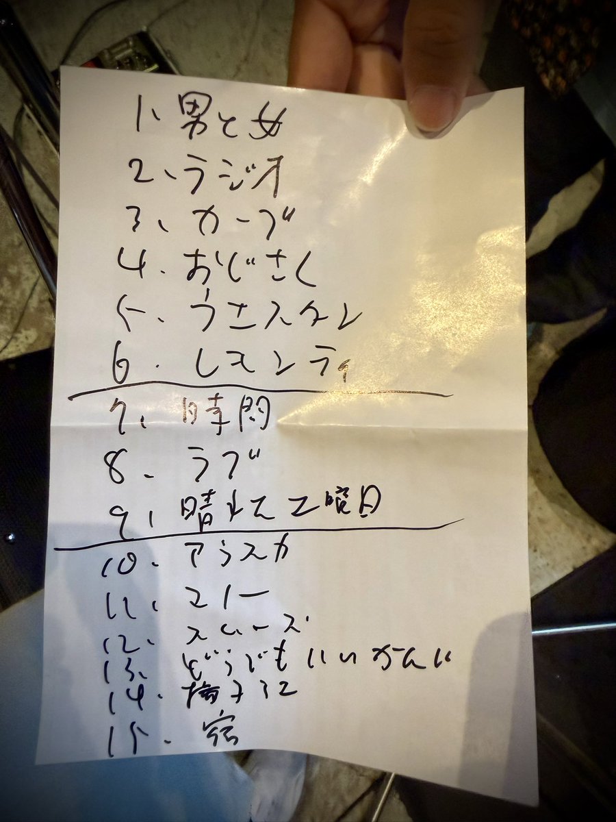 baboo_kebablove's tweet photo. ケバブジョンソン 
2026.8.16 Sun. @鶴舞KDハポン

1.男と女
2.ラジオの声が
3.カーブを曲がれ
4.おじさん
5.ウエスタンカーニバル
6.レモンティー
7.時間
8.ラグリマクリスティ
9.晴れた土曜日
10.アラビア
11.マノー
12.スムーズとナイス
13.どうでもいいかんじ
14.揚子江
15.海辺の宿

↓続く https://t.co/ng43SmWZmB
