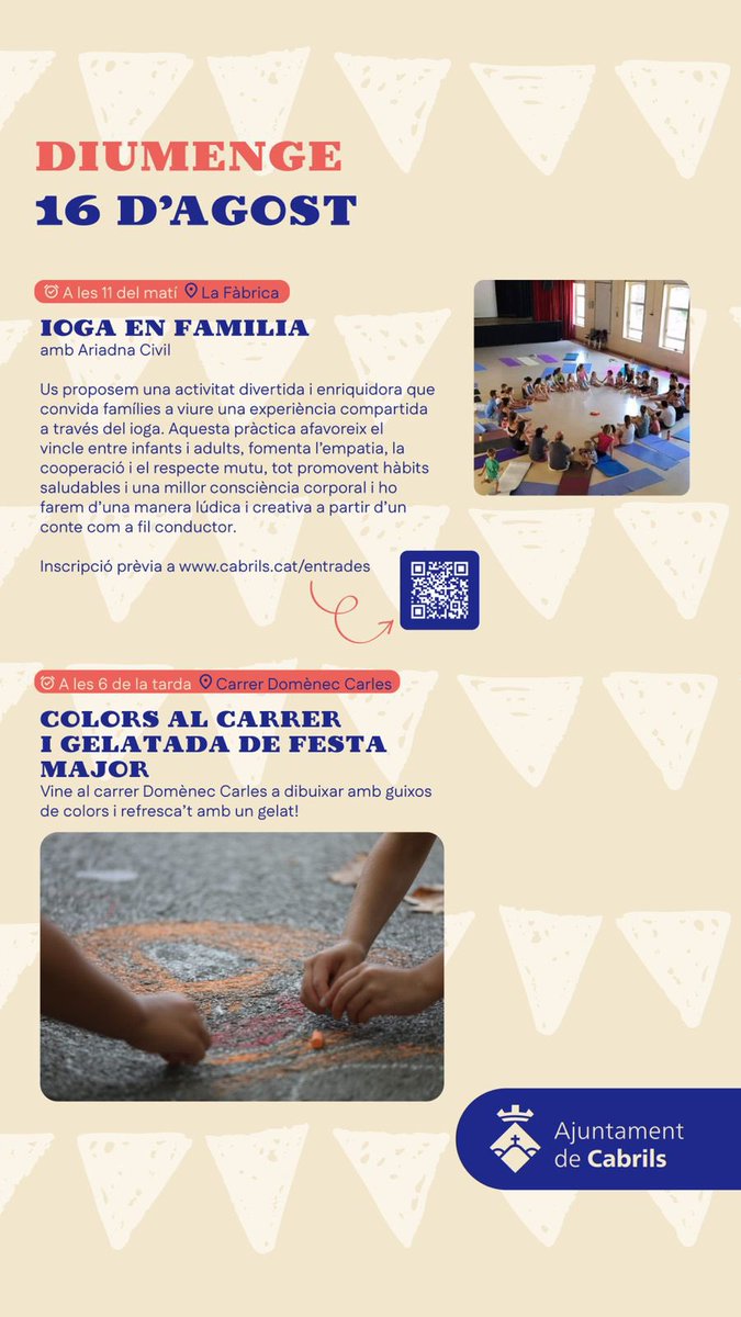 ajcabrils's tweet photo. Bon dia #Cabrils!

Diumenge de Festa Major, diumenge de ioga en família i colors (i gelats) al carrer!

I al vespre, titelles i música a la Mostra, i després de sopar “La nit del Canet” i “Bubu348”.

A gaudir-ho!

#FMSH26 https://t.co/glsIAlNpqC