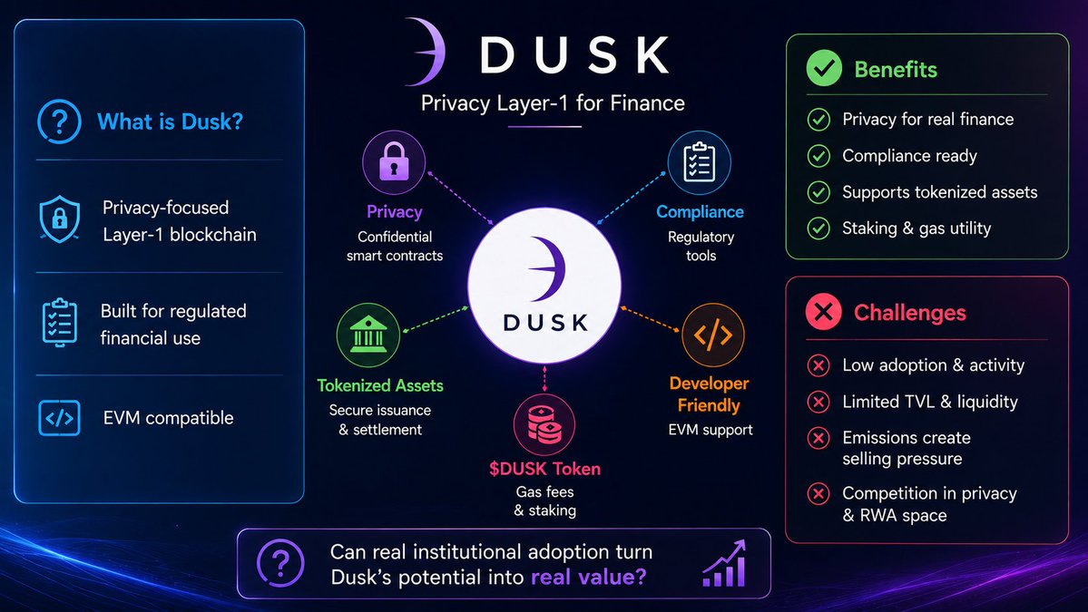 H__SHAH's tweet photo. After researching @DuskFoundation  I see both potential and challenges.

Dusk focuses on privacy, compliance, secure settlement, and tokenized assets for traditional finance.

But adoption is the real test.

Can real usage create sustainable $DUSK demand? 
#dusk #DUSK https://t.co/e1c5QQeqda