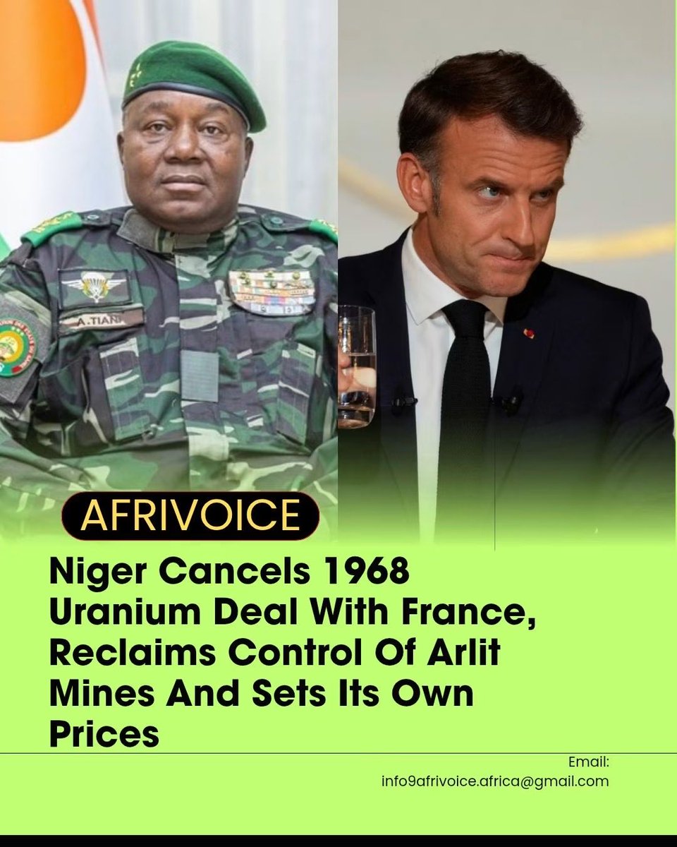 Africarevolt's tweet photo. Niger has cancelled the 1968 agreement that allowed France to mine uranium on its territory for almost 60 years. 

The cancellation was made final in May 2026. It removes French nuclear company Orano’s final legal right to the Arlit mines and closes one of Africa’s most unequal resource arrangements.

For decades, Niger collected about 5.5% in royalties while French companies walked away with most of the earnings. The mining areas around Arlit also left a trail of radioactive dust, falling groundwater levels, and long-term health issues for nearby communities.

Niger bore the environmental damage. France used the uranium to supply nearly a third of its nuclear power plants.

The shift started after the 2023 coup, when Niamey pushed for better terms and the withdrawal of foreign troops. Orano was forced out of the Somaïr mine in December 2024. The government seized the site in June 2025. By May 2026, the entire concession was revoked.

Now Niger is selling its uranium directly to customers beyond the traditional Western partners, and setting the price itself instead of accepting terms dictated by Paris.

France has responded by taking the case to international arbitration and launching a criminal probe into a contested uranium shipment. 

But the core issue is clear: the uranium lies beneath Nigerien ground, and the choices are now made in Niamey.

Across Africa, too many deals have kept the resources at home while the profits left. Niger is changing that model.