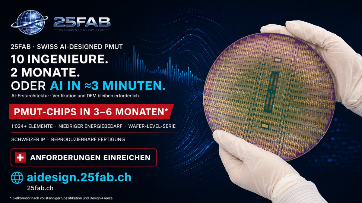 25FABGmbh's tweet photo. 25FAB denkt Ultraschallchips neu: AI-Design in ≈3 Minuten, 1'024+ PMUT-Elemente, niedriger Energiebedarf und Wafer-Level-Skalierung. Ziel: Engineering-Chips ≤3 Monate, Serienbatch in 3–6 Monaten.

https://t.co/hOXr5GQH2q

#PMUT #MEMS #MedTech #Ultrasound #AI #SwissTech #25FAB https://t.co/Btj0Ra2Vb1