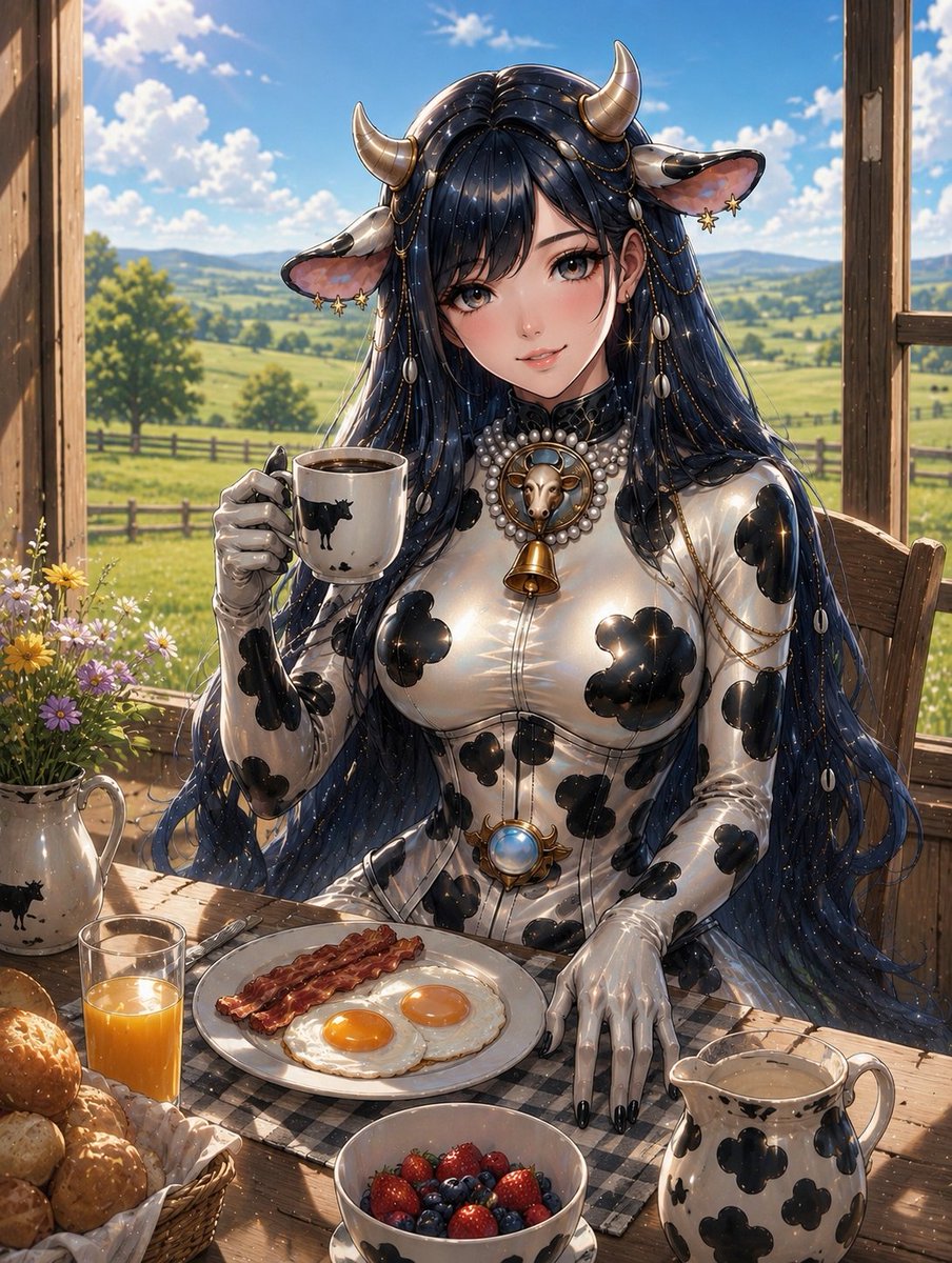 NyxTheCow's tweet photo. Good Moooooooorning!!

I hope you have a wonderful sunday! 
Everything is well at the farm, the cows are still sleeping tho so i have to enjoy my breakfast alone🐄👀 https://t.co/xcVzPtqVf6