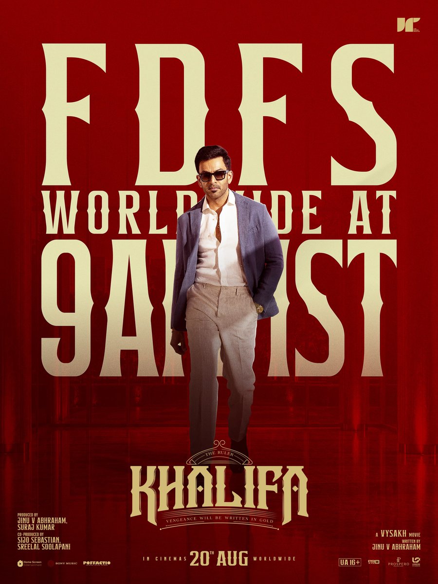 Poffactio's tweet photo. FDFS WORLDWIDE AT 9AM IST. 

Bookings Open Today 4PM IST. 

#KHALIFA In cinemas from 20th August 2026! https://t.co/gnJClr5OAR