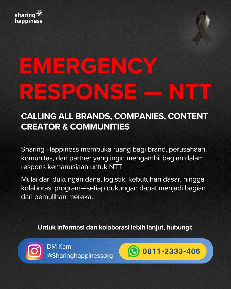 SHappiness_org's tweet photo. SharingHappiness membuka ruang kolaborasi bagi brand, perusahaan, komunitas, content creator, dan berbagai pihak yang ingin mengambil bagian dalam respons kemanusiaan untuk NTT.
Dukungan hadir dalam berbagai bentuk : Dana, logistik, kebutuhan dasar, hingga kolaborasi program. https://t.co/PxzD2jVeMi