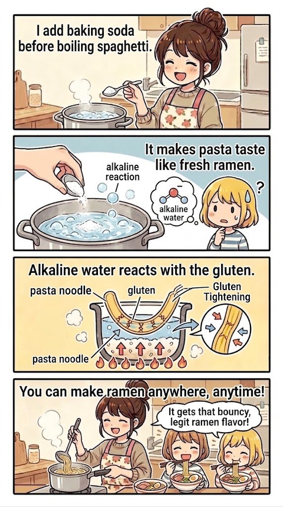 tanpukunokami's tweet photo. Okay, hear me out. Next time you boil spaghetti, add a little baking soda to the water.

It sounds completely crazy, but it literally transforms regular pasta into fresh ramen noodles.

Baking soda is alkaline, so it acts exactly like kansui—the traditional mineral water that gives ramen its signature chew. It reacts with the gluten, turns the pasta slightly yellow, and completely changes the texture.

Suddenly, your standard spaghetti gets that amazing, bouncy snap of legit ramen.

It’s the ultimate kitchen cheat code. Seriously, try it next time you’re craving ramen but only have pasta in the pantry.