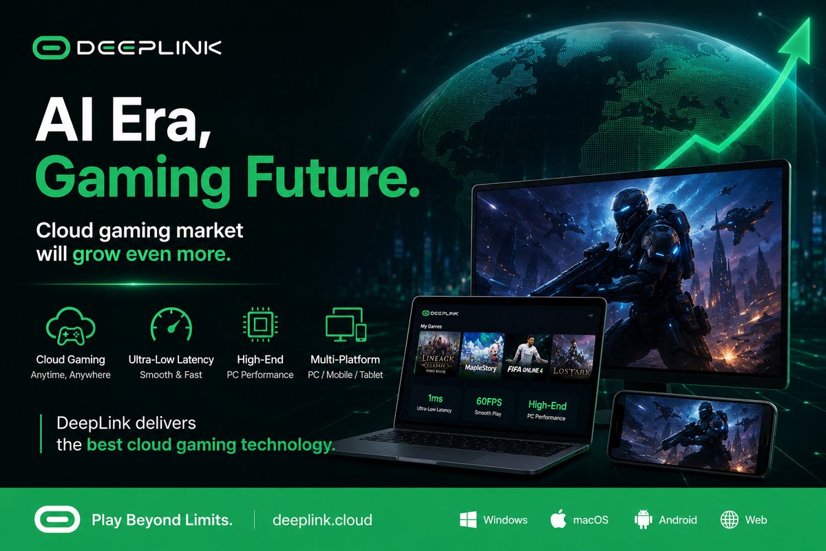 DeepLinkGlobal's tweet photo. AI is reshaping gaming — and cloud gaming is just getting started.

DeepLink delivers high-performance cloud gaming with ultra-low latency, anywhere you play.

🎮 Play Beyond Limits.

#DeepLink #CloudGaming #AI #Gaming https://t.co/s1hX785yGz