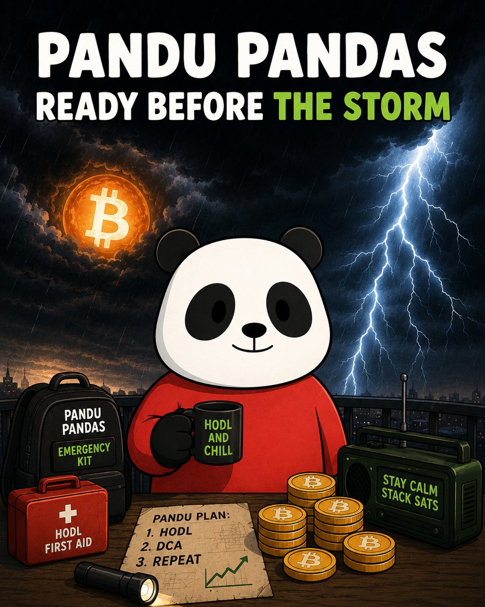 scrollbandit's tweet photo. 🐼 PANDU PANDAS READY BEFORE THE STORM!
While the market is unusually quiet, the Pandas are getting prepared. 👀
Emergency kit? ✅
HODL plan? ✅
Bitcoin stacked? ✅
Pandu calm? ALWAYS. 🐼☕₿
And while everyone is waiting for the storm… even the ads are already talking about Bitcoin. 😂
Stay calm. Stack sats. Pandu Pandas are ready. 🚀🌩️