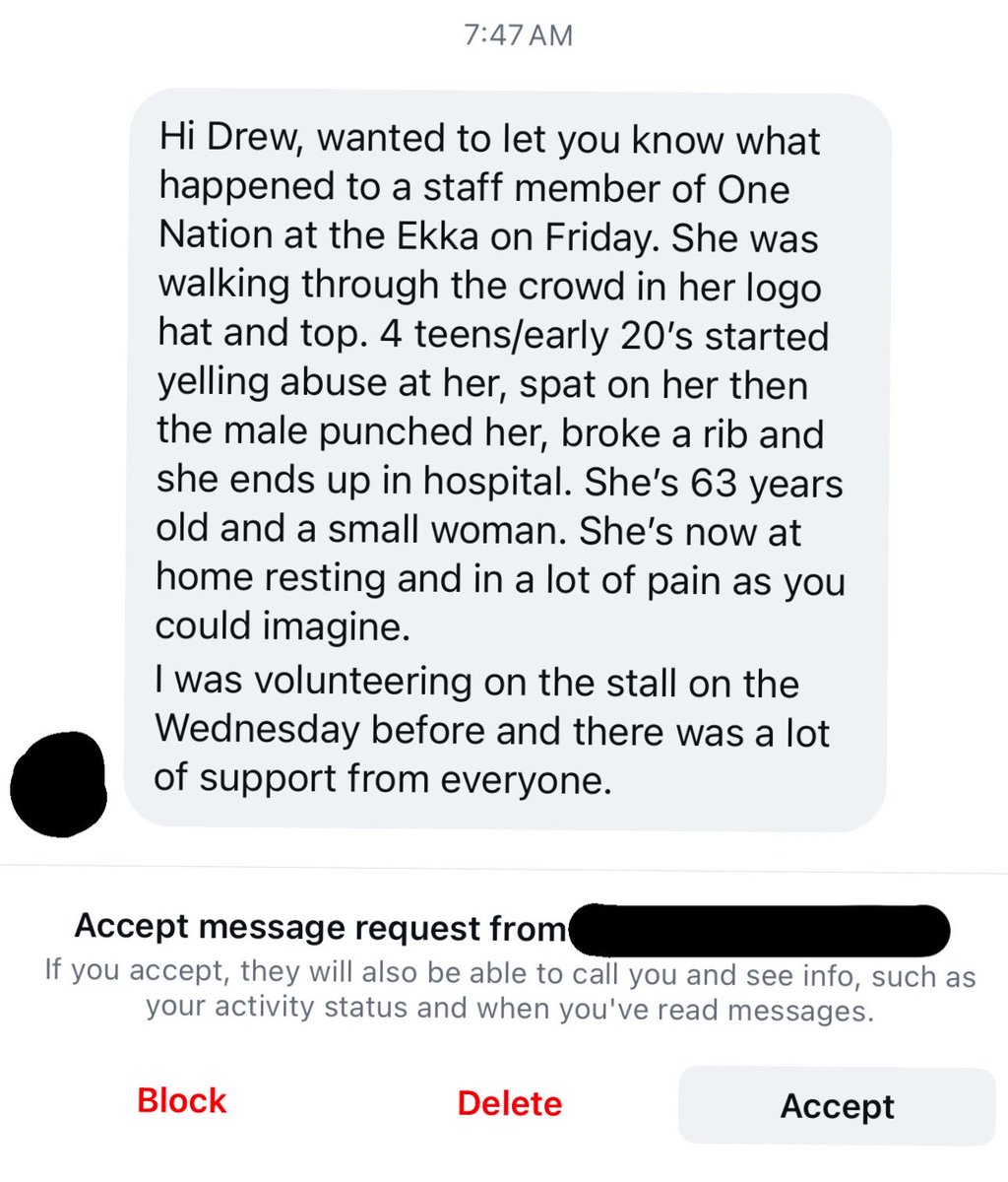 DrewPavlou's tweet photo. I’ve just received a message on Instagram reporting that an elderly lady working for One Nation was violently assaulted at the Brisbane Ekka. 

A group of young men assaulted her, spat at her and broke one of her ribs. 

I’ve had three people message me about this now. https://t.co/vEpIdo2mVa