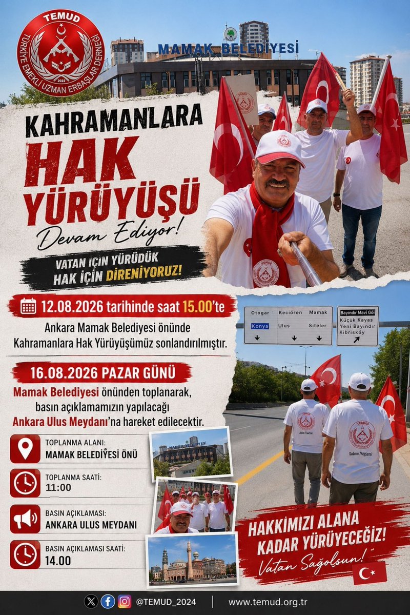 TEMUD_2024's tweet photo. MEYDAN DOLUYOR, SESİMİZ BÜYÜYOR!

Bugün Ankara’da BÜYÜK BİR AİLE, BÜYÜK BİR KALABALIK olacağız!

Ve bugün, UZMAN ÇAVUŞLARIN HAKLI MÜCADELESİNİN EN GÜÇLÜ SESLERİNDEN BİRİ ANKARA’DAN YÜKSELECEK!

Çünkü biz bir makam istemiyoruz.
Bir ayrıcalık istemiyoruz.

Yılların emeğinin, fedakârlığın ve alın terinin karşılığı olan HAKKIMIZI istiyoruz!

🇹🇷 BUGÜN MEYDANDAYIZ!
🇹🇷 BUGÜN BİRLİKTEYİZ!
🇹🇷 BUGÜN SESİMİZİ ANKARA’DAN YÜKSELTİYORUZ!

#KahramanlaraHakYürüyüşü
#UzmanÇavuş @alitilkici38
