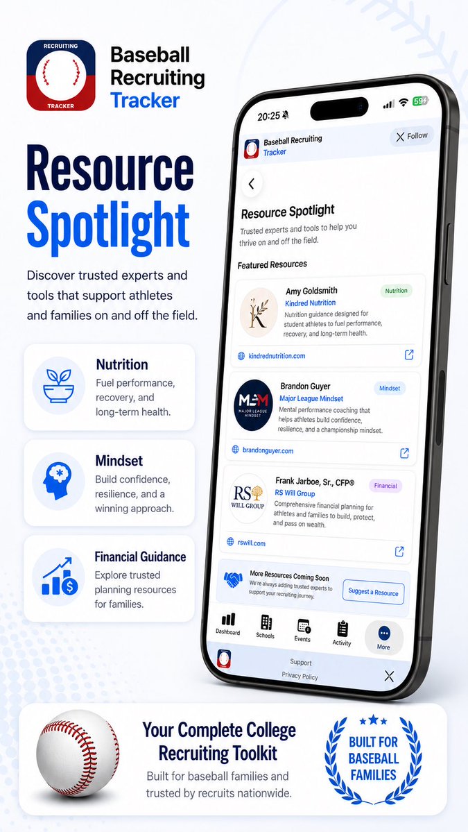 BBRecruitingApp's tweet photo. Recruiting takes more than talent. It takes fuel, focus, and a financial plan. 

Resource Spotlight inside Baseball Recruiting Tracker:

🥗 Nutrition: Amy Goldsmith, RDN @Kindrednutritio — https://t.co/0OFouNXGBP

🧠 Mindset: Brandon Guyer @BrandonGuyer — https://t.co/byCrtwX3O2

💰 Financial Planning: Frank Jarboe Sr., CFP® — https://t.co/h6Ide3Bb3C

Trusted experts. Built for baseball families. Free in the app. @BBRecruitingApp @Kindrednutritio @BrandonGuyer
https://t.co/KJ7j2dYyxU

#BaseballRecruiting #CollegeBaseball #StudentAthlete #BaseballParents #TravelBaseball #NIL #Uncommitted #HSBaseball