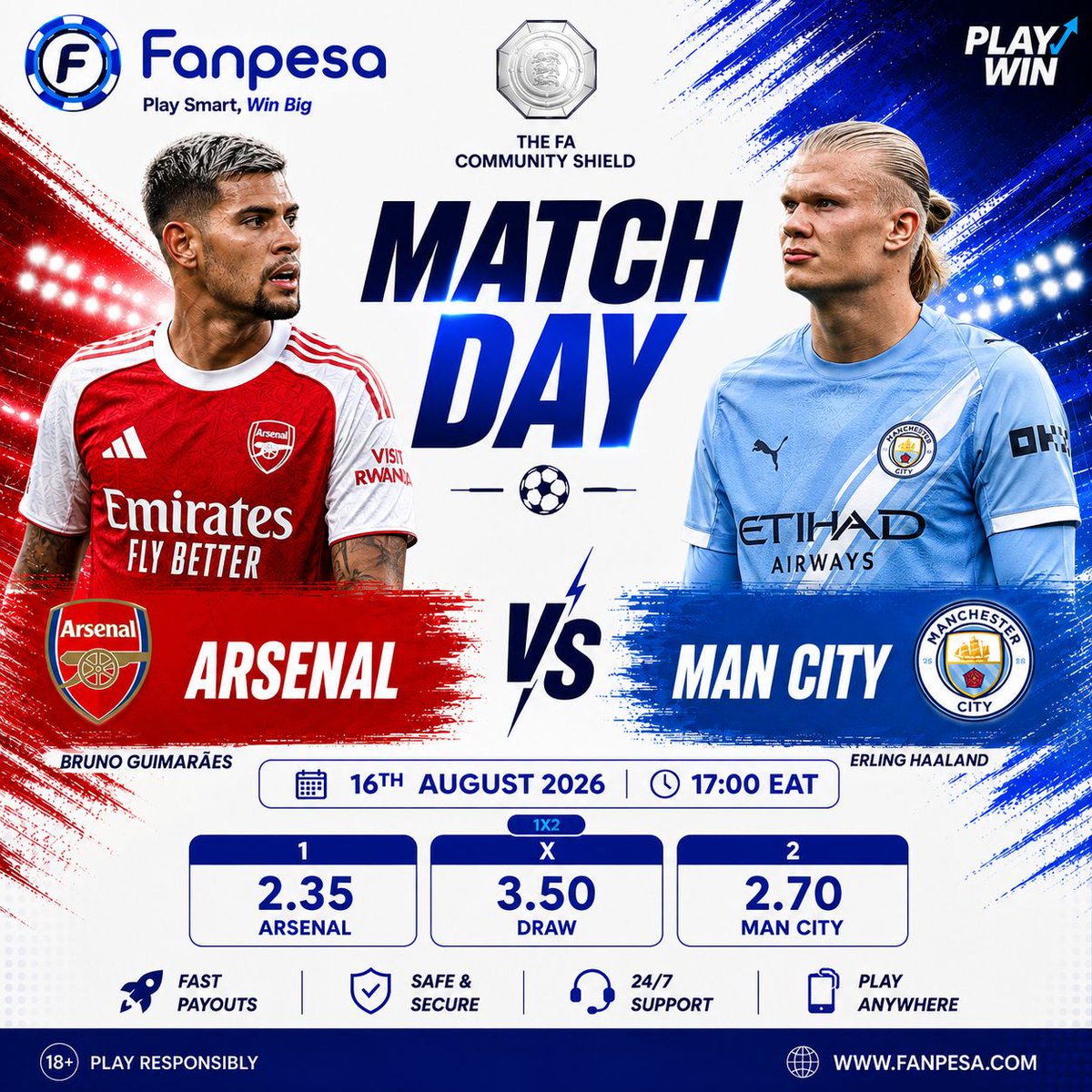 fanpesaKe's tweet photo. No more warm-up. Itโs Arsenal vs City.
Community Shield at 5PM EAT.
Who are you taking?
Make your pick on FanPesa.
18+ | Play responsibly. T&Cs apply.
#FanPesa #CommunityShield #Arsenal #ManCity https://t.co/LRawKysbpK