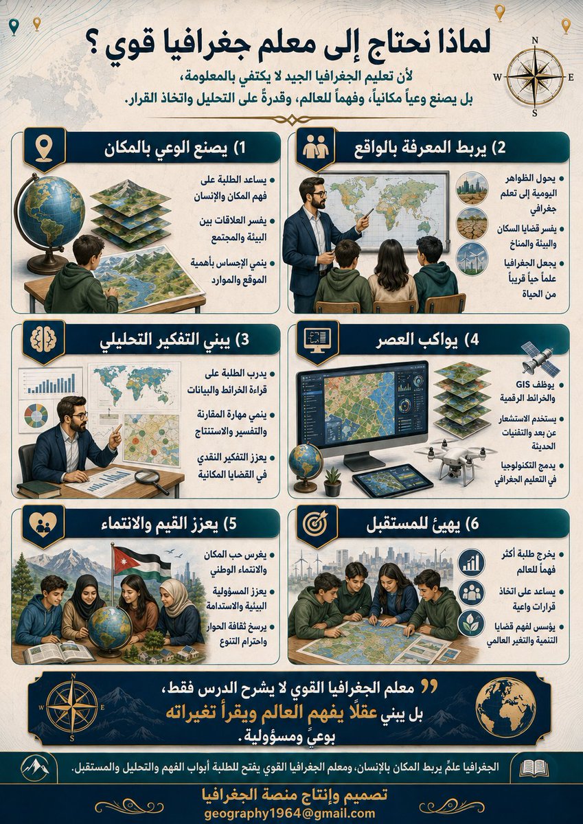 Geography_educ's tweet photo. 🛑 لماذا نحتاج إلى معلم جغرافيا قوي؟ 

لأنه لا يقدّم معلومة عابرة، بل يبني وعياً بالمكان، ويربط المعرفة بالواقع، وينمّي التفكير التحليلي، ويوظّف التكنولوجيا، ويغرس القيم والانتماء، ويهيّئ الطلبة لفهم العالم واتخاذ قرارات أكثر وعياً ومسؤولية.🌍 https://t.co/AAEl4g3auT