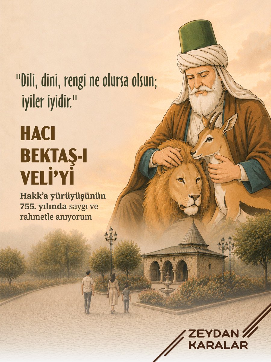 ZeydanKaralar01's tweet photo. “İncinsen de incitme” anlayışıyla; sevgiyi, hoşgörüyü, kardeşliği ve insanı merkeze alan büyük düşünür ve mutasavvıf Hacı Bektaş-ı Veli’yi, Hakk'a yürüyüşünün 755. yılında saygı ve rahmetle anıyorum. https://t.co/EJkEI9Z4N5