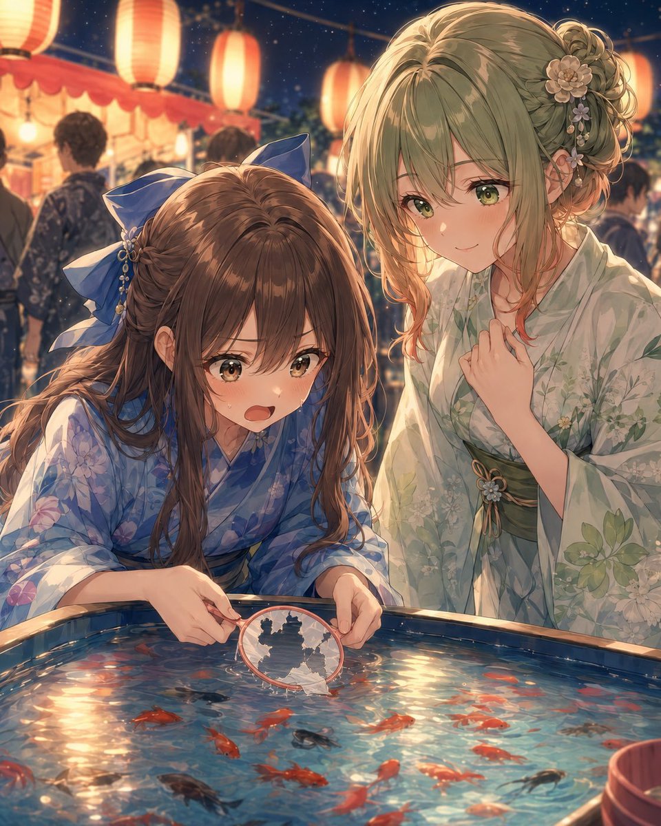 なんちゃんと夏祭りに来たよ🎆 金魚すくい難しいんだよね… 誰か得意な
