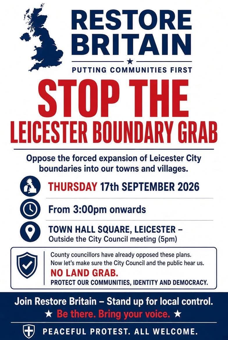 RestoreBritNWL's tweet photo. We are helping to advertise a peaceful protest against the border changes in Leicestershire.
#LandGrab #BorderChanges #leicester #leicestershire #restorebritain https://t.co/pPdAAAUI4t