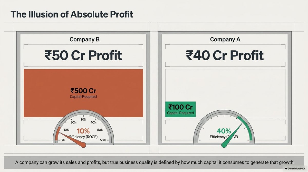 Akash17971's tweet photo. SME STOCKS WITH MINIMUM 40% ROCE TO STUDY AND TRACK 📊

Simca Advertising
Millworks Technologies
Recode Studios
Emkay Tools
Vegorama Punjabi
Vivid Electromech
Devson Catalyst
Australian Prem
Rajesh Power
Safe Enterprises
Sunlite Recycling
EPW India
Unified Data
Anondita Medicare
Connplex Cinemas
Alpex Solar
Parmeshwar Metal
Savy Infra
Arihant Academy
V-Marc India
Apex Ecotech
Teamtech Formwork
Merritronix
TechD Cybersecurity
Influx Health.

WHAT IS ROCE?
ROCE = Return on Capital Employed
ROCE tells us how efficiently a company is using the capital invested in its business to generate operating profits.

In simple words:
“For every ₹100 of capital employed in the business, how much operating profit is the company generating?”

The commonly used formula is:
ROCE = EBIT ÷ Capital Employed × 100
Where:
🔹 EBIT = Earnings Before Interest & Tax
🔹 Capital Employed is commonly calculated as Total Assets − Current Liabilities.

Another equivalent approach is to look at the capital provided through equity + debt, adjusted according to the methodology being used.

WHY IS ROCE IMPORTANT?
A company can grow its sales and profits, but what matters is how much capital it needs to generate that growth.

For example:

Company A
Capital employed = ₹100 Cr
EBIT = ₹40 Cr
ROCE = 40%

Company B
Capital employed = ₹500 Cr
EBIT = ₹50 Cr
ROCE = 10%

Both companies generate operating profits, but Company A is using its capital far more efficiently.

That is why ROCE can be particularly useful when studying capital allocation and business quality.

WHAT DOES A HIGH ROCE TELL US?

A consistently high ROCE can indicate:
🔹 Efficient use of capital
🔹 Strong operating economics
🔹 Better asset utilization
🔹 Pricing power or competitive advantages
🔹 Lower capital intensity
🔹 Stronger potential for internally funded growth
🔹 Better capital allocation

However, high ROCE by itself does NOT automatically mean a stock is a good investment.

A company may have a high ROCE because of a temporary spike in profits, unusually low capital employed, asset-light operations, or other accounting/business factors.

HOW SHOULD WE TRACK ROCE?
Don't look at ROCE only once.

Track the trend.
For example:
FY24 → 22%
FY25 → 29%
FY26 → 37%
FY27 → 42%

This is much more interesting than simply finding a company with 42% ROCE today.

The important question is:
Is the company consistently generating high returns on capital, and can it sustain or improve them?

WHAT TO CHECK 👇
🔹 ROCE trend: Is it increasing, stable or declining?
🔹 EBIT growth: Is operating profit growing along with ROCE?
🔹 Sales growth: Is the business actually expanding?
🔹 Capital employed: Is the company requiring huge amounts of additional capital to grow?
🔹 Debt: Is growth being funded through excessive borrowing?
🔹 Cash flows: Are operating cash flows supporting reported profits?
🔹 Working capital: Is receivables/inventory growth eating into cash?
🔹 Margins: Are operating margins improving or deteriorating?
🔹 Asset turnover: Is the company generating more revenue from its assets?
🔹 Consistency: Has the company maintained high ROCE across multiple years and business cycles?

ROCE + GROWTH IS A POWERFUL COMBINATION
One of the most interesting situations is:
High ROCE + High Growth + Strong Cash Flow

For example:
A company generating 40%+ ROCE, growing its operating profit consistently, maintaining healthy cash flows and reinvesting capital at attractive returns can potentially create significant value over the long term.

But if ROCE is high while growth is stagnant, the opportunity may be very different.

Similarly:
High growth + Low ROCE
can mean the company is consuming a lot of capital to generate that growth.

Therefore, don't study ROCE in isolation.

A BETTER CHECKLIST:
ROCE → Growth → Margins → Debt → Cash Flow → Working Capital → Valuation

This gives a much more complete picture of business quality.

📌 Quarterly: Check whether the operating trend is improving or deteriorating.
📌 Annually: Compare the latest full-year ROCE with the previous 3–5 years.
📌 During expansion: Check whether additional capital is producing proportional EBIT growth.
📌 During downturns: See whether ROCE remains resilient.
�� Before investing: Compare ROCE with the company's cost of capital and also evaluate valuation.

The objective is to identify businesses where high returns on capital are sustainable and can be reinvested for further growth.

DISCLAIMER
This is a study and tracking list, not a buy/sell recommendation.