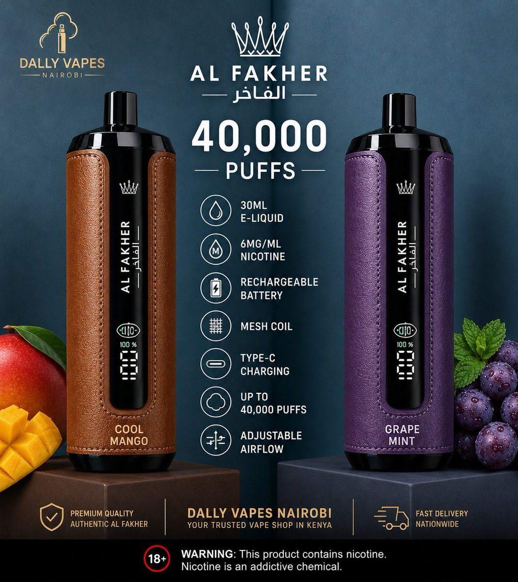kafangi's tweet photo. Al Fakher Crown Bar Mega Max 40,000 Puffs
A long-lasting vape with a smooth DTL draw and bold flavors.
• Up to 40,000 puffs
• 30ml e-liquid
• 6mg/ml Nic Salt
• Mesh coil
• Rechargeable battery
• Type-C charging
• Smart LED display
check them out on: https://t.co/sgL18D63cl
Call/WhatsApp: 0702412512

18+ only