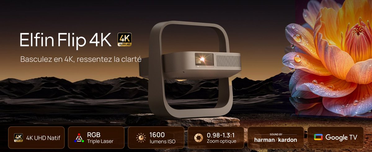 hitech_mediainf's tweet photo. Le XGIMI Elfin Flip 4K Videoprojecteur Portable, RGB Triple Laser Home Cinéma1600 Lumens ISO, Compatible avec Google TV &amp; Netflix, Zoom Optique, Focus, Keystone Auto, Harman Kardon  Wifi6 BT5.2
Est en vente flash au prix de 849€.
Lien d'achat: https://t.co/keRqR9OsPQ https://t.co/V76M1xZ7Pu