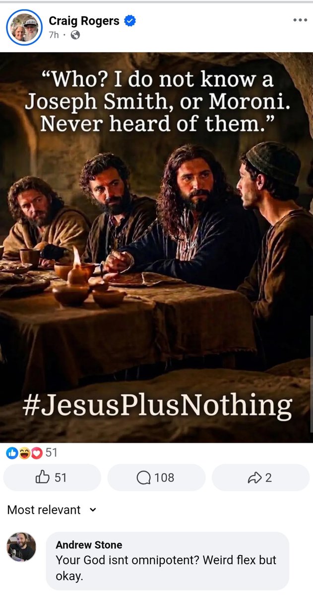 LatterDayBean's tweet photo. You're telling me that your god isnt omnipotent?

Weird flex but okay. https://t.co/JNxjCgmDSm