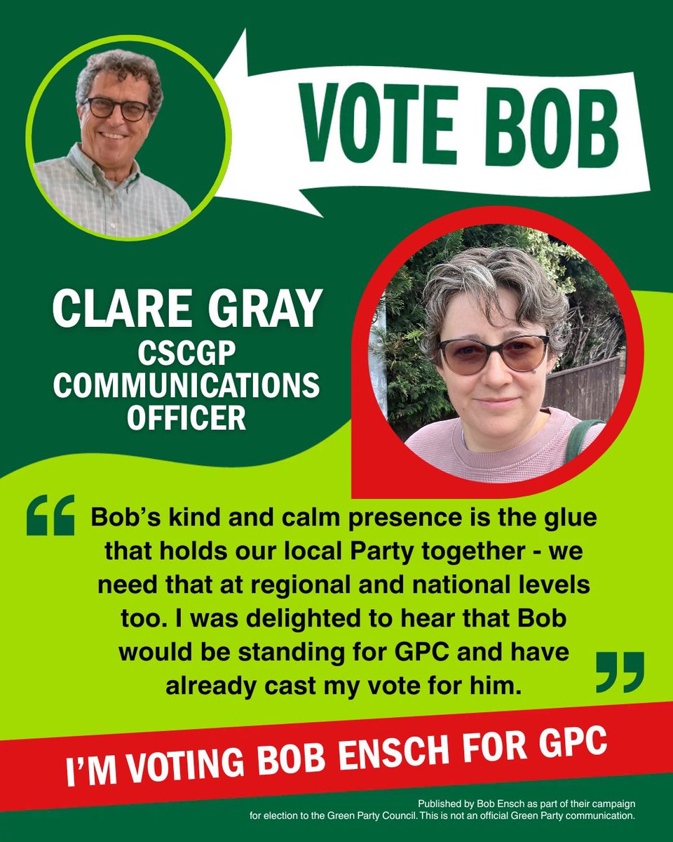 EnschBob's tweet photo. Thanks so much for your support Clare…

“Bob’s kind and calm presence is the glue that holds our local Party together - we need that at regional and national levels too. I was delighted to hear that Bob would be standing for GPC and have already cast my vote for him.” https://t.co/BpNqMN9liI