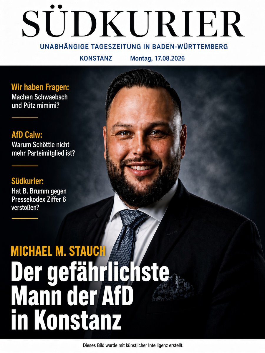grindelKadse's tweet photo. Neu am Freitag war nur das Datum.

Der SÜDKURIER hat wieder über Michael M. Stauch geschrieben. Grundlage ist ein Video aus dem Jahr 2023. Dasselbe private Video wie beim letzten Mal. Und beim vorletzten Mal. Das Verfahren dazu wurde im Februar 2025 eingestellt, eben weil das Video privat und nicht öffentlich war. Auch das ist nicht neu, es steht sogar im Artikel, nur eben weit hinten.

Bemerkenswert ist die Lage zum übrigen Geschmiere: Es sagen „mehrere Mitglieder“. Es bestätigt „ein damaliges Vorstandsmitglied“, und „weitere Mitglieder bestätigen es“. Es äußert sich „ein früherer AfD-Mann von dort“, und es spricht „ein ehemals hochrangiges Mitglied aus Calw“. Fünf Stimmen, kein einziger Name. Wer so recherchiert, kann jeden Satz über jeden Menschen schreiben und niemand kann ihn überprüfen. Das ist kein Zufall, das ist Methode.

Was dem SÜDKURIER in zwei Jahren dagegen nicht gelungen ist, ist eine ähnlich ausgiebige Berichterstattung über die tatsächliche Arbeit seiner AfD im Kreis Konstanz. Im Kreistag, im Stadtverband Konstanz und im Kreisverband Konstanz. Unzählige Pressemitteilungen liegen der Redaktion vor, mit Bildmaterial, mit Ansprechpartner, mit Belegen. Berufsschulzentrum, Klinikfinanzierung, Ablachtalbahn, Haushalt. Alles nachlesbar, alles nachprüfbar, alles offenbar zu langweilig. Ein privates Handyvideo von vorgestern bringt eben mehr Klicks als ein dreistelliger Millionenbetrag an Kostensteigerung.

Auch beim Bildmaterial ist der SÜDKURIER seiner Linie treu geblieben. Verwendet wird seit Jahren dasselbe Archivfoto von Michael M. Stauch aus eigener Produktion. Er hat der Redaktion mehrfach Bilder von sich zur freien Verwendung überlassen, professionell aufgenommen, in ordentlicher Auflösung, ohne Bedingungen. Genutzt wurde keines davon. Man kann darüber streiten, ob das eine redaktionelle Entscheidung ist oder eine gestalterische. Aufschlussreich ist es in jedem Fall. Wer über Jahre hinweg dasselbe Foto wählt, obwohl bessere vorliegen, trifft damit eine Aussage. Das Angebot steht im Übrigen weiterhin.

Für die kostenlose Werbung bedankt sich Michael M. Stauch ausdrücklich. Ehrgeizig, dominant, gewieft und deshalb gefährlich. Das nimmt er gerne an, besser hätte er es selbst nicht formulieren können. Die „kurze Zündschnur“ und „das aggressive Auftreten“ darf der SÜDKURIER behalten, dafür hat er keine Verwendung.

Eine Beobachtung am Rande: Auf der öffentlich einsehbaren Unterstützerliste des Bündnisses „Konstanz für Demokratie“ findet sich der Name des Autors des Artikels, Benjamin Brumm. Das Bündnis versteht sich ausdrücklich als Akteur gegen rechts, so steht es im eigenen Logo. Michael Stauch stellt das ohne Wertung fest und überlässt jedem selbst die Frage, wie sich das mit Ziffer 6 des Pressekodex verträgt, wonach Journalisten sich nicht für Interessen außerhalb ihres Berufs vereinnahmen lassen sollen.

Folgt hier: @stauch_afd 

https://t.co/uY1Bd32TH8