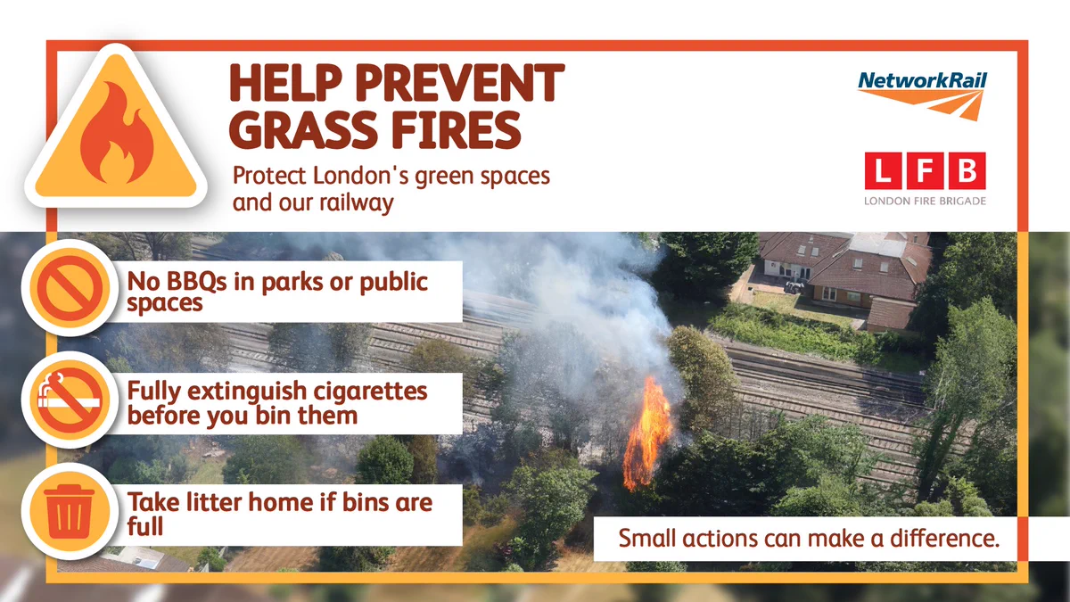 Image showing a warning sign with a "Help Prevent Grass Fires" message. Includes logos for Network Rail and London Fire Brigade. Guidelines include no BBQs in parks, extinguishing cigarettes fully, and taking litter home if bins are full.