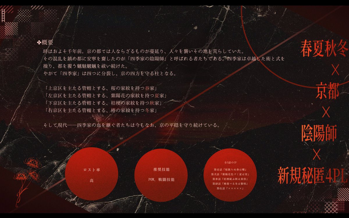 toma_0215's tweet photo. ✤

                ᴄᴀʟʟ ᴏғ ᴄᴛʜᴜʟʜᴜ
         『  彼岸に散るは四季の花  』

⋆┈

｜春夏秋冬×京都×陰陽師

❈人数｜新規秘匿4PL
❈時間｜5話構成のキャンペーンシナリオ
❈推奨｜高POW、戦闘技能
❈ロスト率｜高

✤ https://t.co/AZEhr49Wgi
