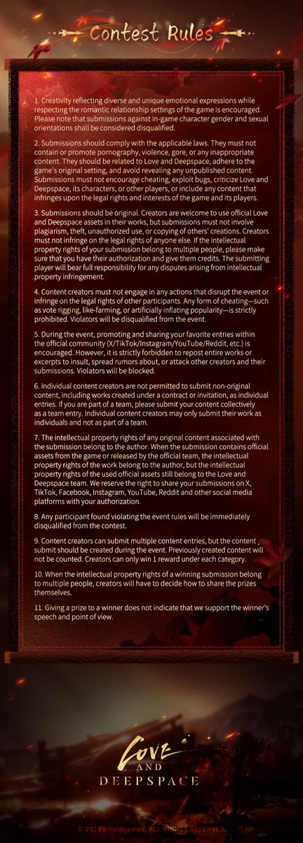 Love_Deepspace's tweet photo. Love and Deepspace | Po Zhen Zi Fan Art Contest
He devotes his life to granting one soul deliverance. As leaves fall once more, the covenant leads the way.

🍁Fan Art Contest [Po Zhen Zi] Starts Now!

■ Event Duration
💫Contest Duration: Aug. 17 - Sep. 2, 2026
💫Submission Review: Sep. 3 - Sep. 24, 2026
💫End Time: Sep. 25, 2026

■ How to Participate
During the event, post your original artwork with both the hashtags #LoveandDeepspace and #RafayelVermilionMartialGod on X/TikTok/Instagram/YouTube/Reddit, and complete the submission form as required.
Submission Form: https://t.co/GFLJtijf0K
*Please ensure that your submission account and posts are public until the end of the event.

■ Submission Theme
Create Fan Art based on Rafayel, with a focus on the theme of [Po Zhen Zi].

┈┈┈┈┈▾View the picture for more info▾┈┈┈┈┈

#LoveandDeepspace #RafayelVermilionMartialGod #Rafayel